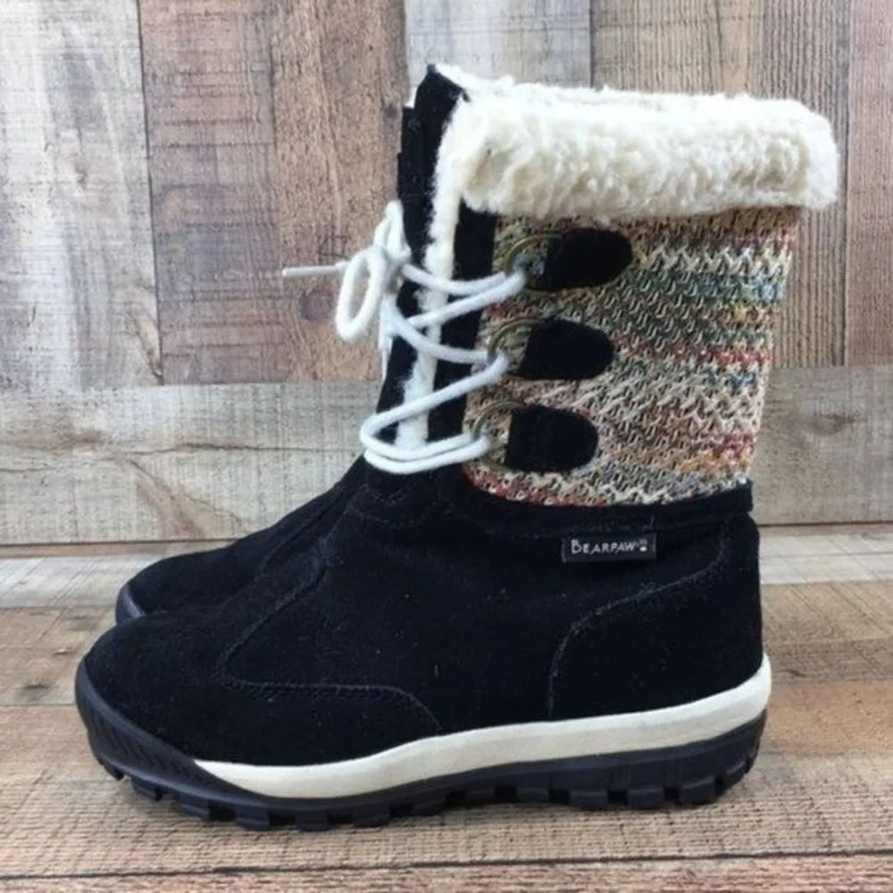 Bearpaw Ophelia Suede Dyed Sheep Fur Black Boots‎ Womens 6 Mid Calf Booties